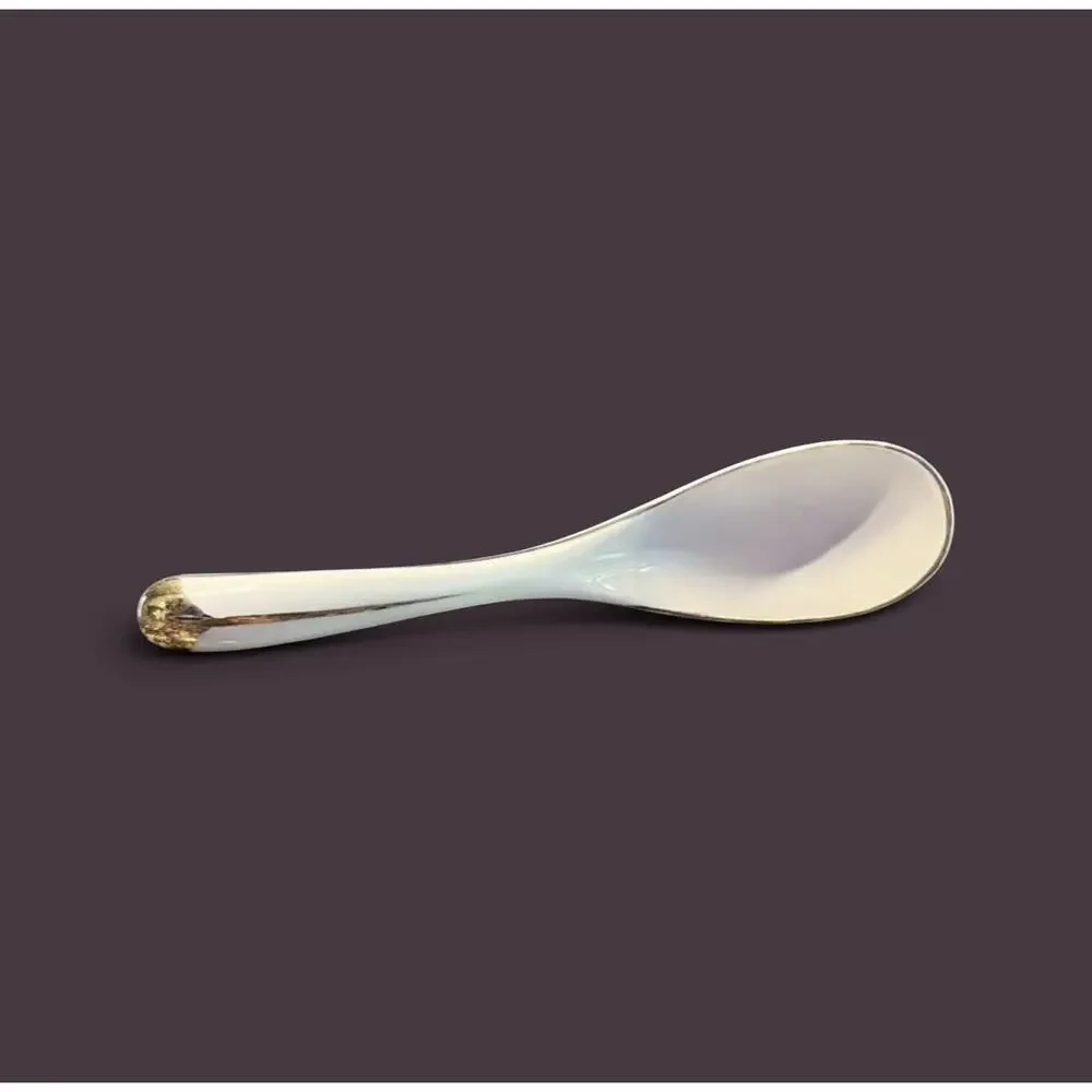 Vintage Porcelain Chinese Soup Spoon-Gold Trim-Rice Wonton Spoon-Asian-Noodle
